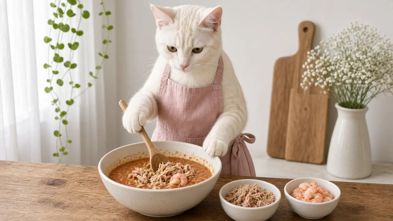 A cream-coloured cat in a pink apron, cooking this dish