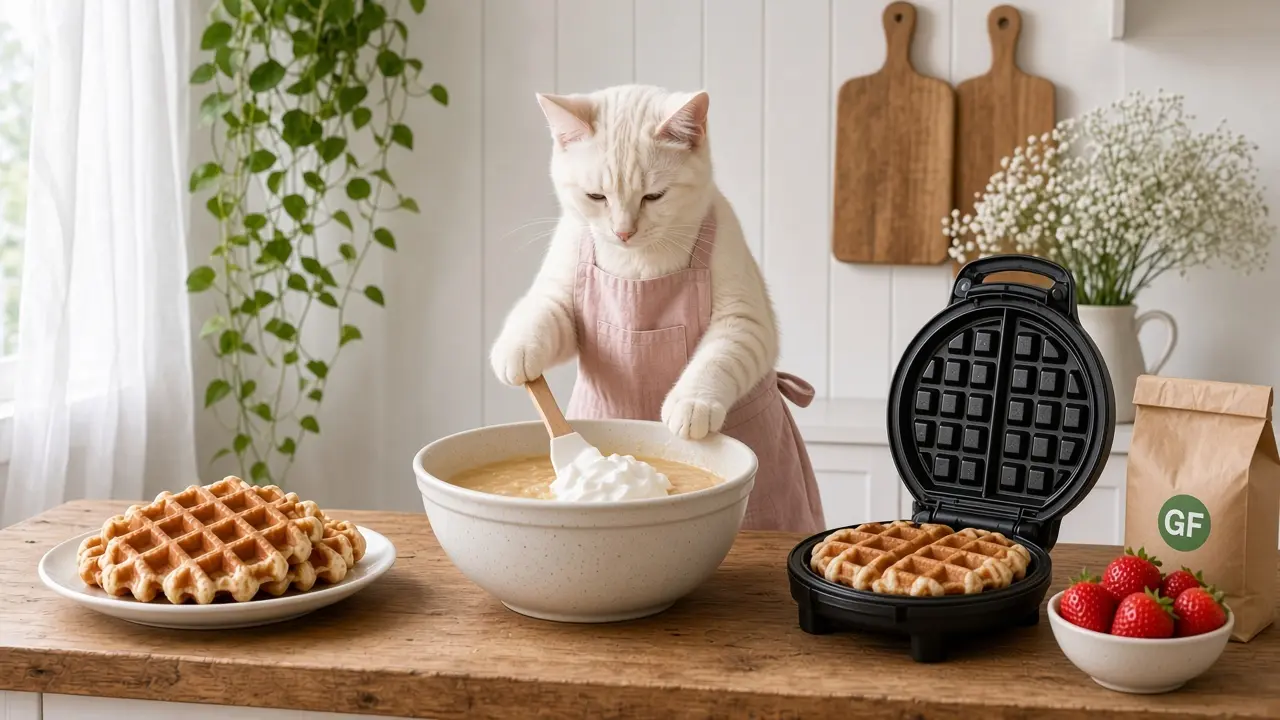 A cream-coloured cat in a pink apron, cooking this dish