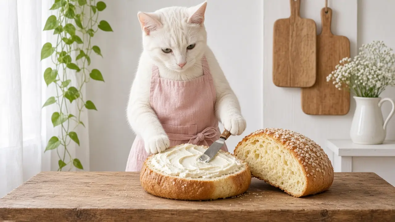 A cream-coloured cat in a pink apron, cooking this dish