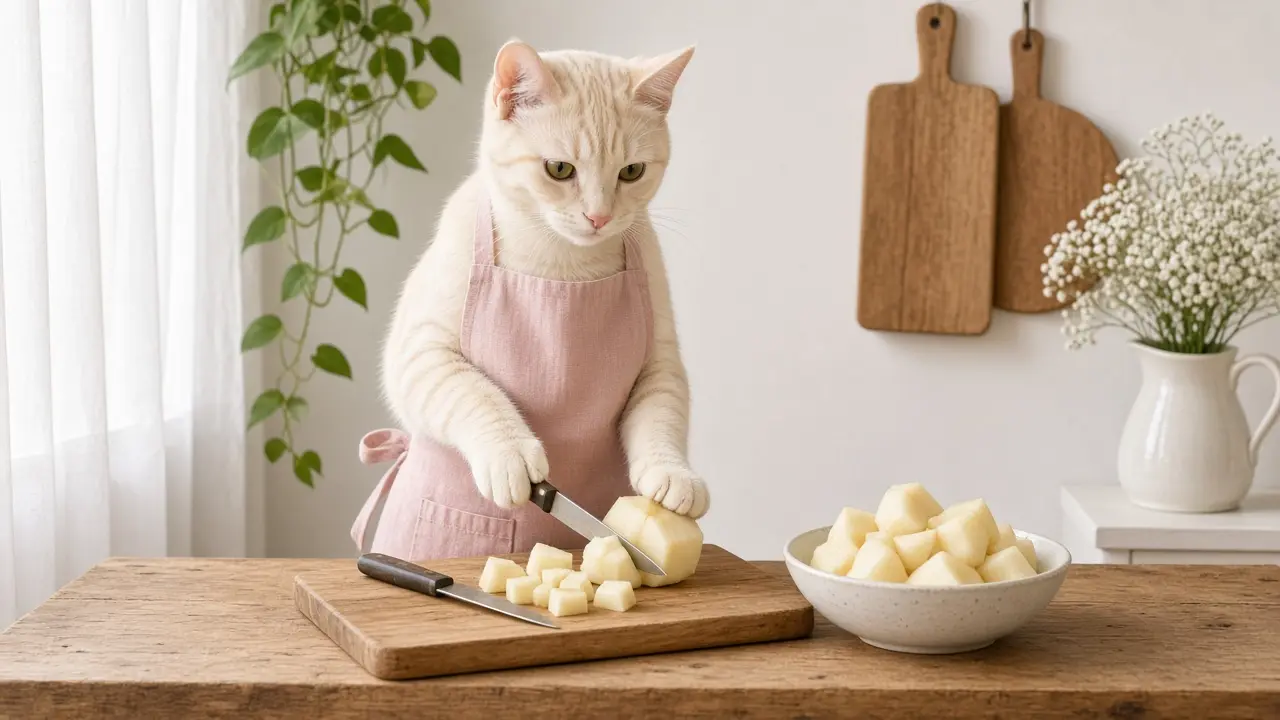 A cream-coloured cat in a pink apron, cooking this dish