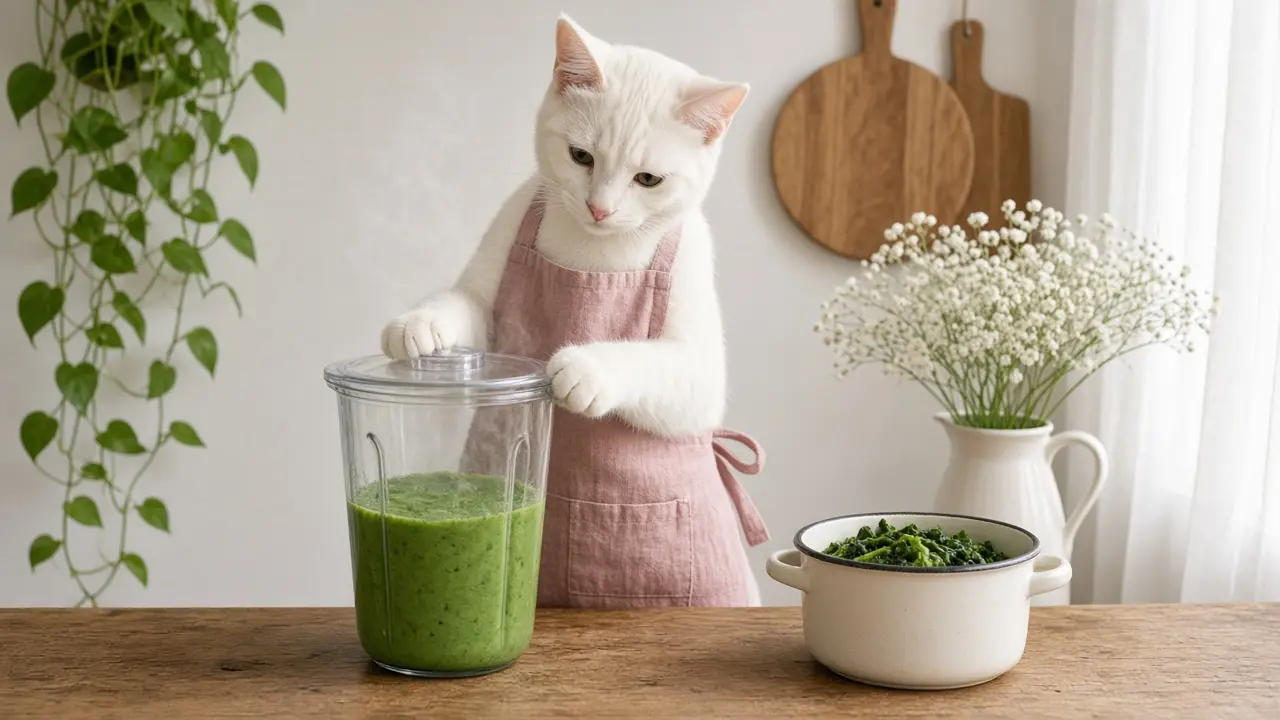 A cream-coloured cat in a pink apron, cooking this dish