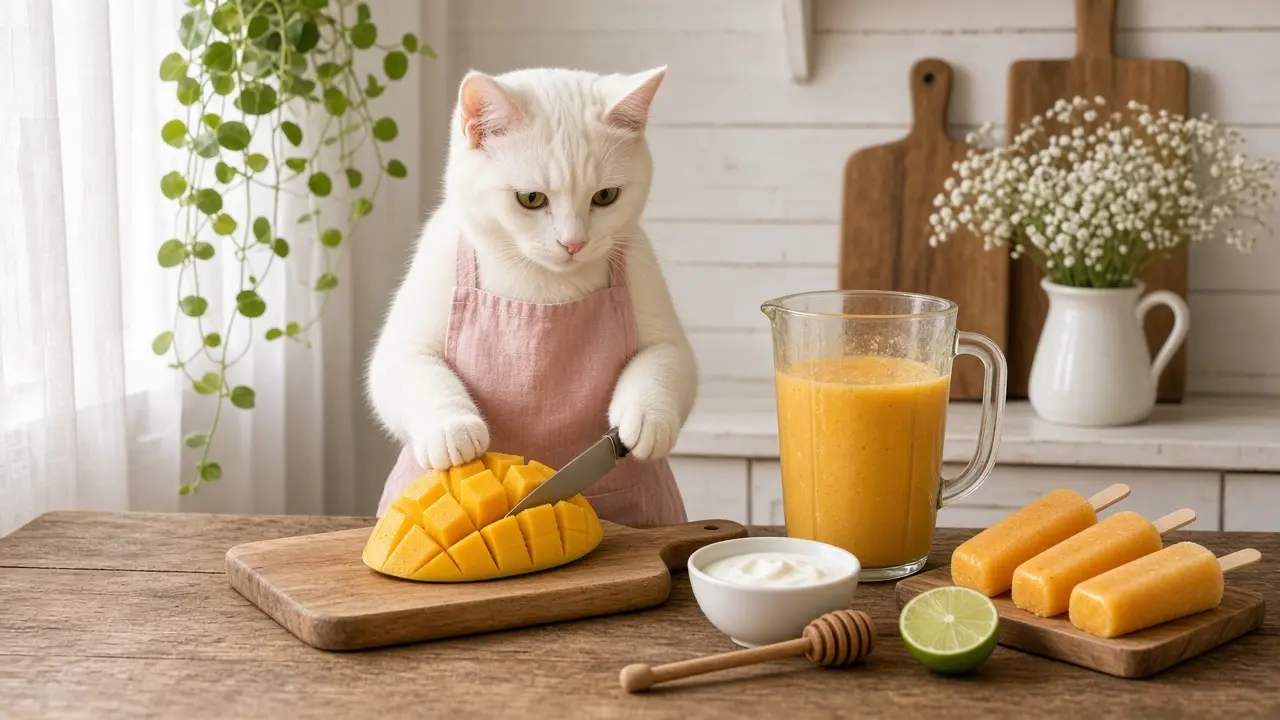 A cream-coloured cat in a pink apron, cooking this dish