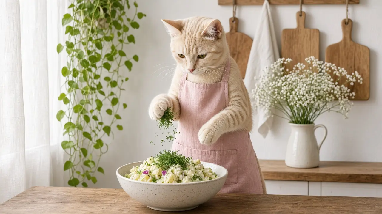 A cream-coloured cat in a pink apron, cooking this dish
