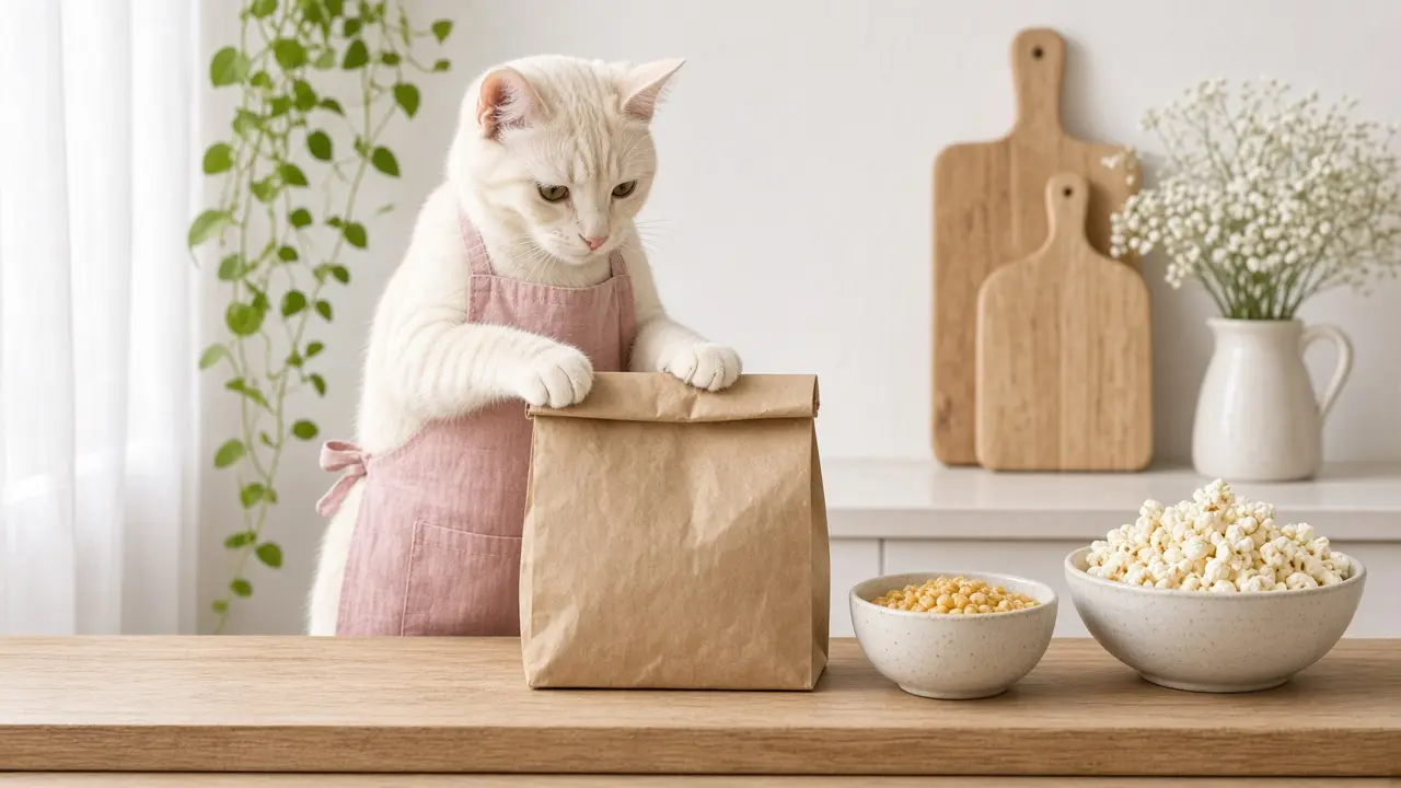 A cream-coloured cat in a pink apron, cooking this dish