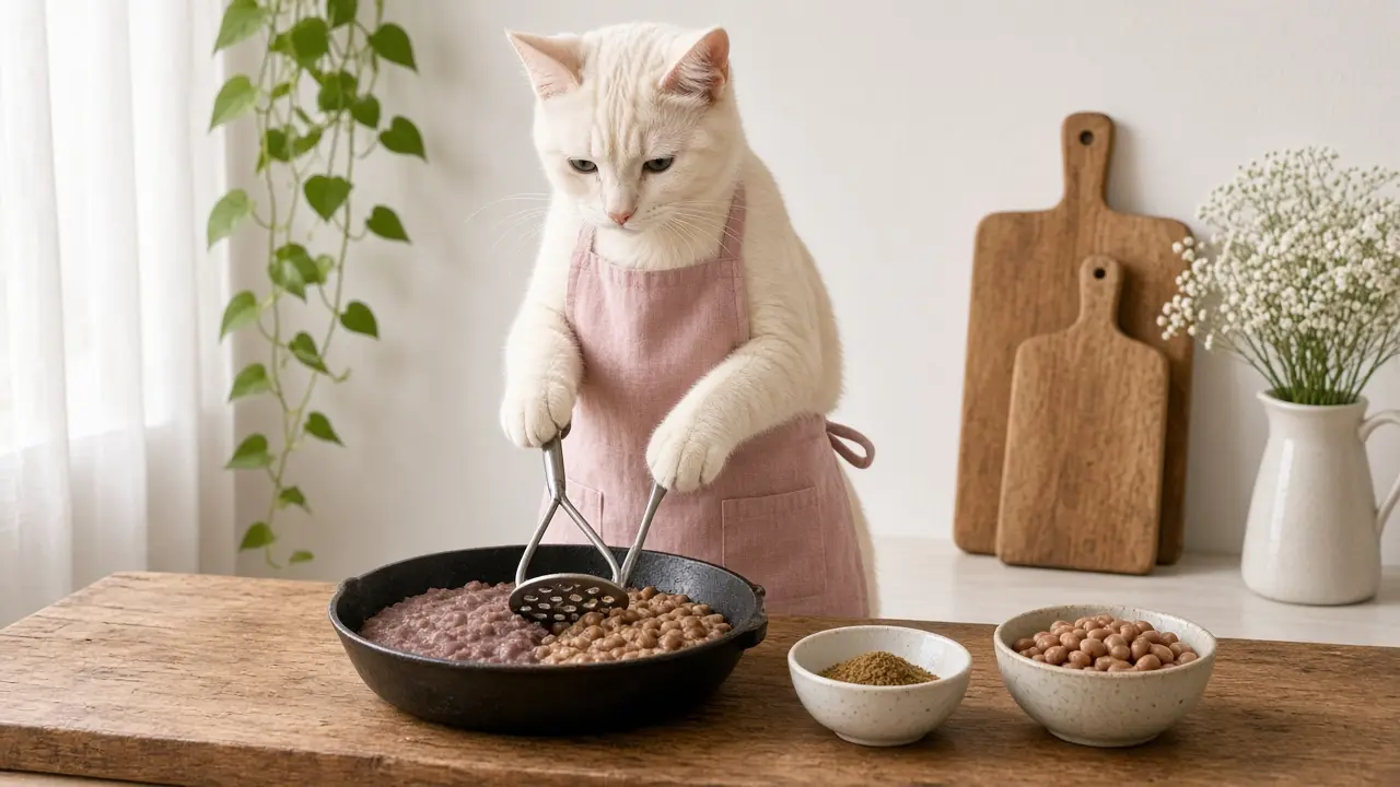 A cream-coloured cat in a pink apron, cooking this dish