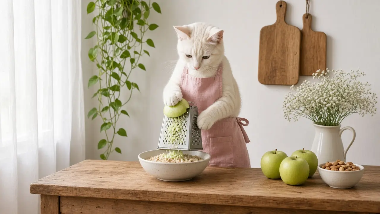 A cream-coloured cat in a pink apron, cooking this dish