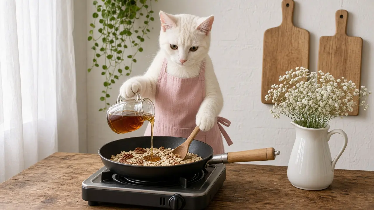 A cream-coloured cat in a pink apron, cooking this dish