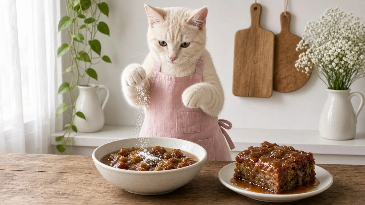A cream-coloured cat in a pink apron, cooking this dish