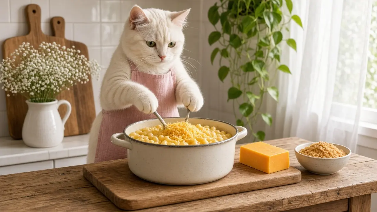 A cream-coloured cat in a pink apron, cooking this dish