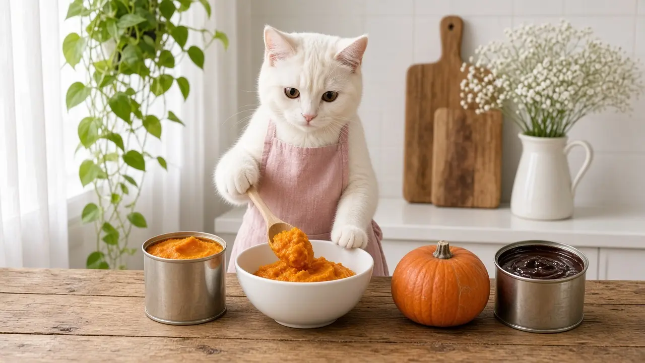 A cream-coloured cat in a pink apron, cooking this dish