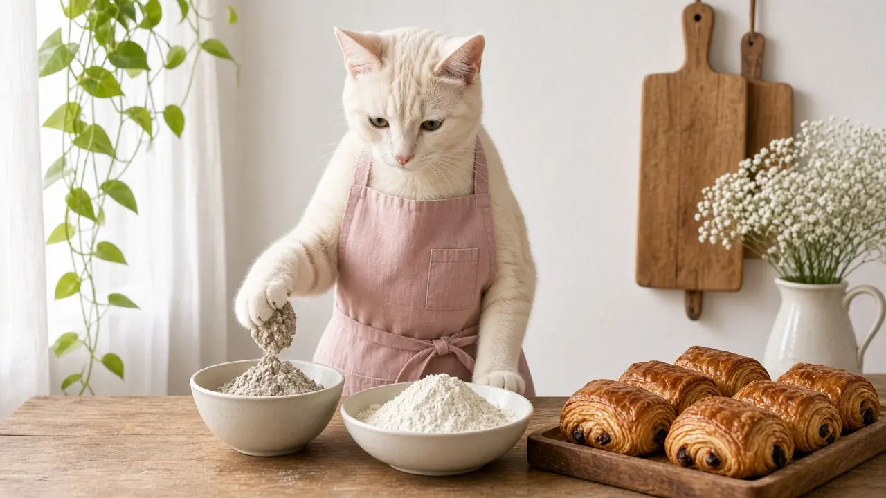 A cream-coloured cat in a pink apron, cooking this dish