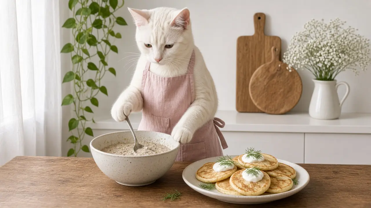 A cream-coloured cat in a pink apron, cooking this dish