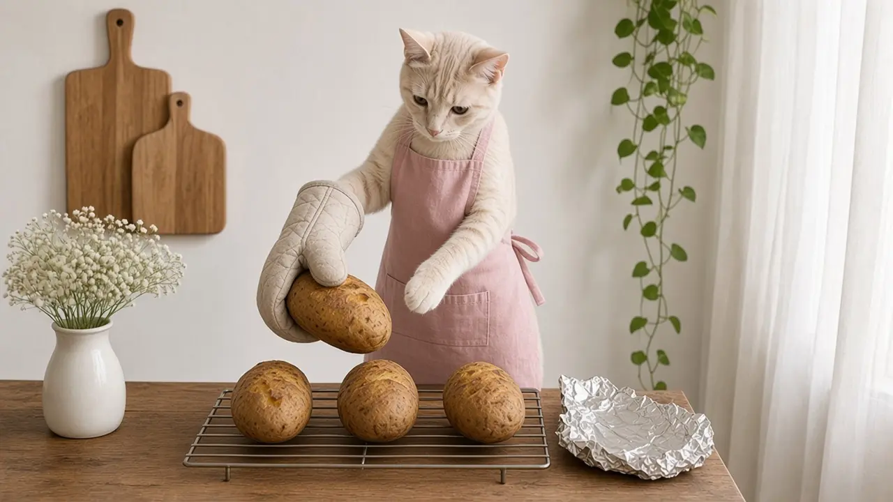 A cream-coloured cat in a pink apron, cooking this dish
