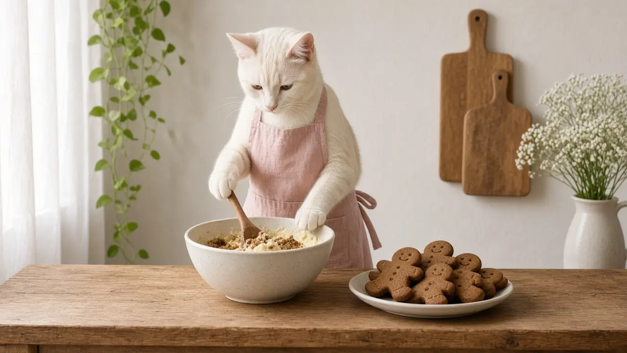 A cream-coloured cat in a pink apron, cooking this dish