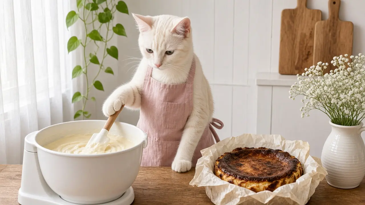 A cream-coloured cat in a pink apron, cooking this dish