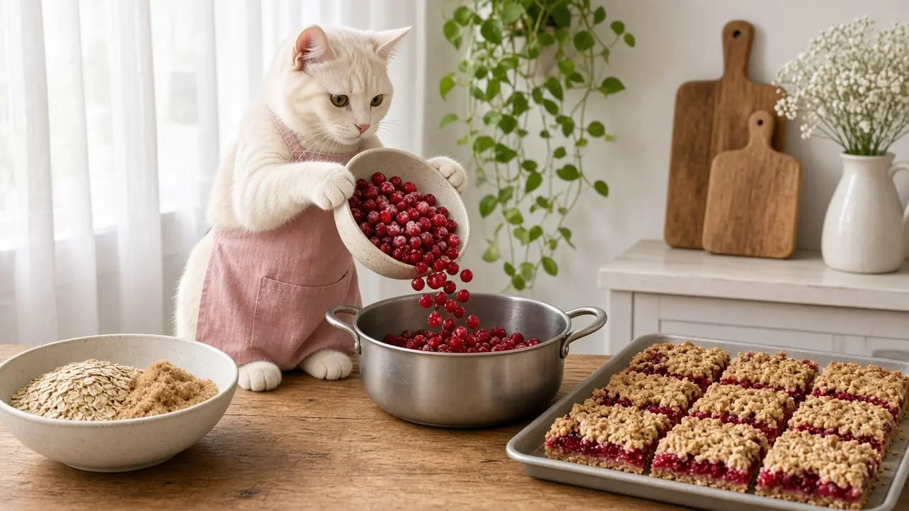 A cream-coloured cat in a pink apron, cooking this dish
