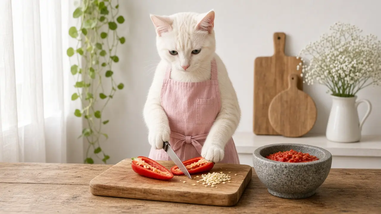 A cream-coloured cat in a pink apron, cooking this dish