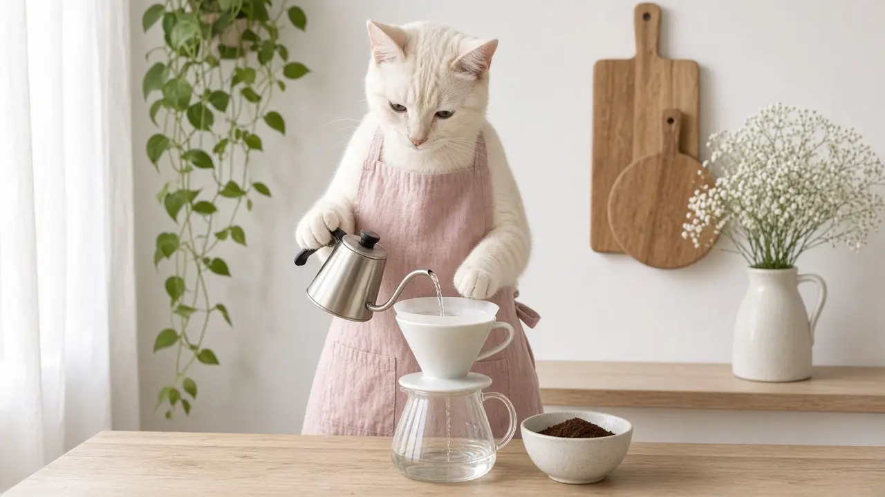 A cream-coloured cat in a pink apron, cooking this dish