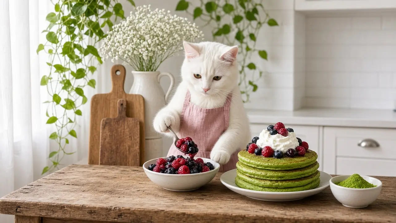 A cream-coloured cat in a pink apron, cooking this dish
