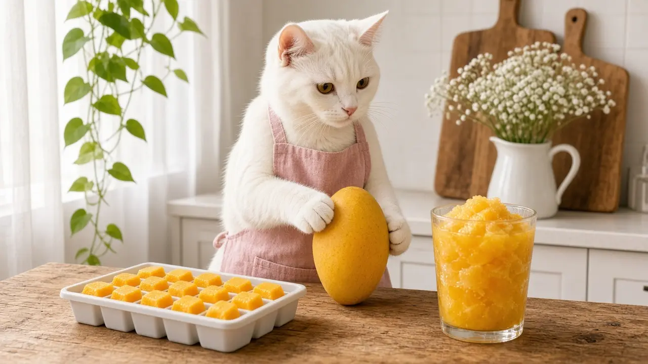 A cream-coloured cat in a pink apron, cooking this dish