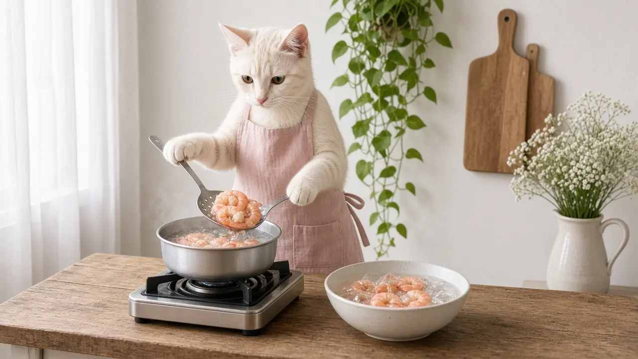 A cream-coloured cat in a pink apron, cooking this dish