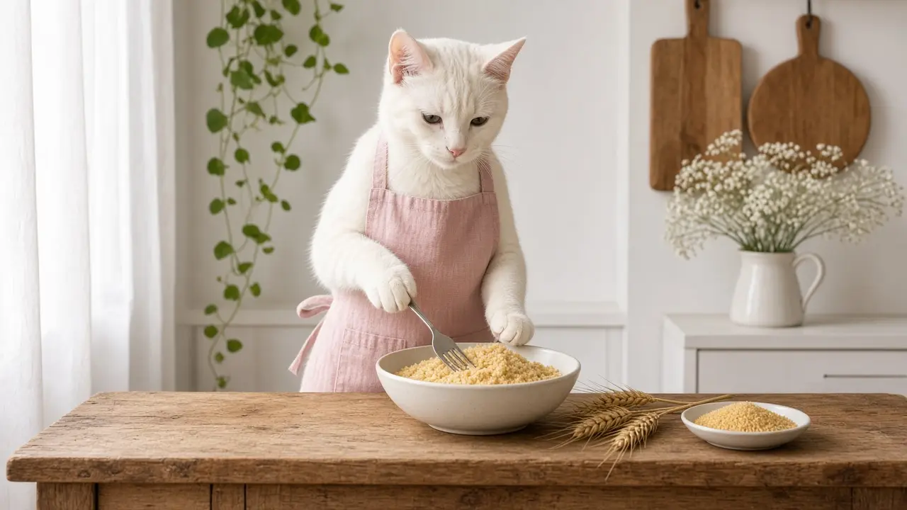 A cream-coloured cat in a pink apron, cooking this dish