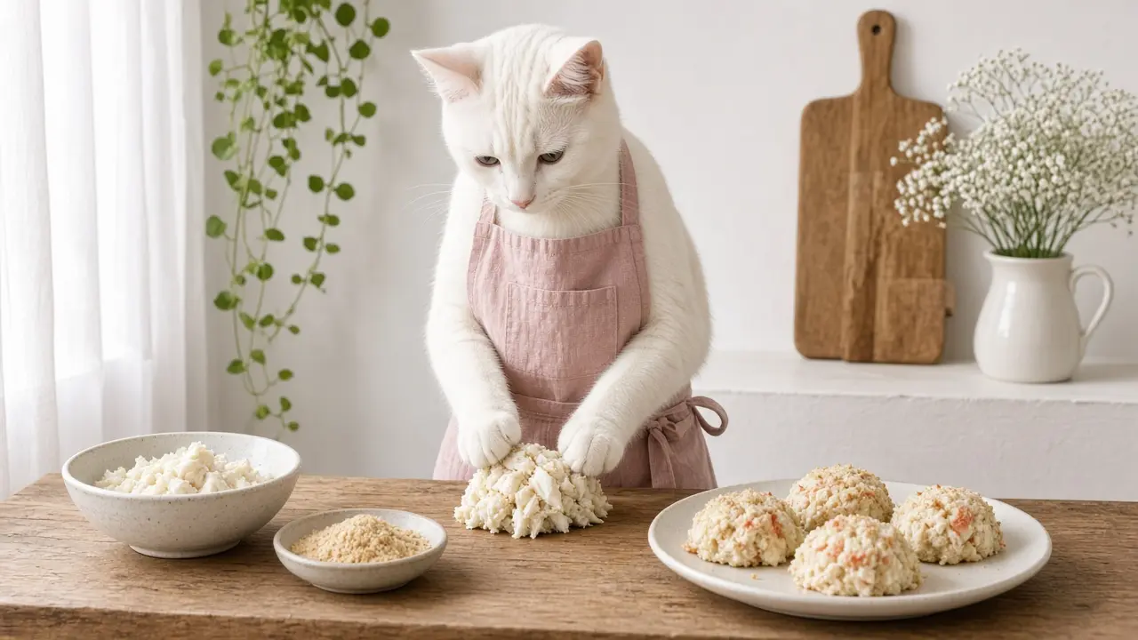 A cream-coloured cat in a pink apron, cooking this dish