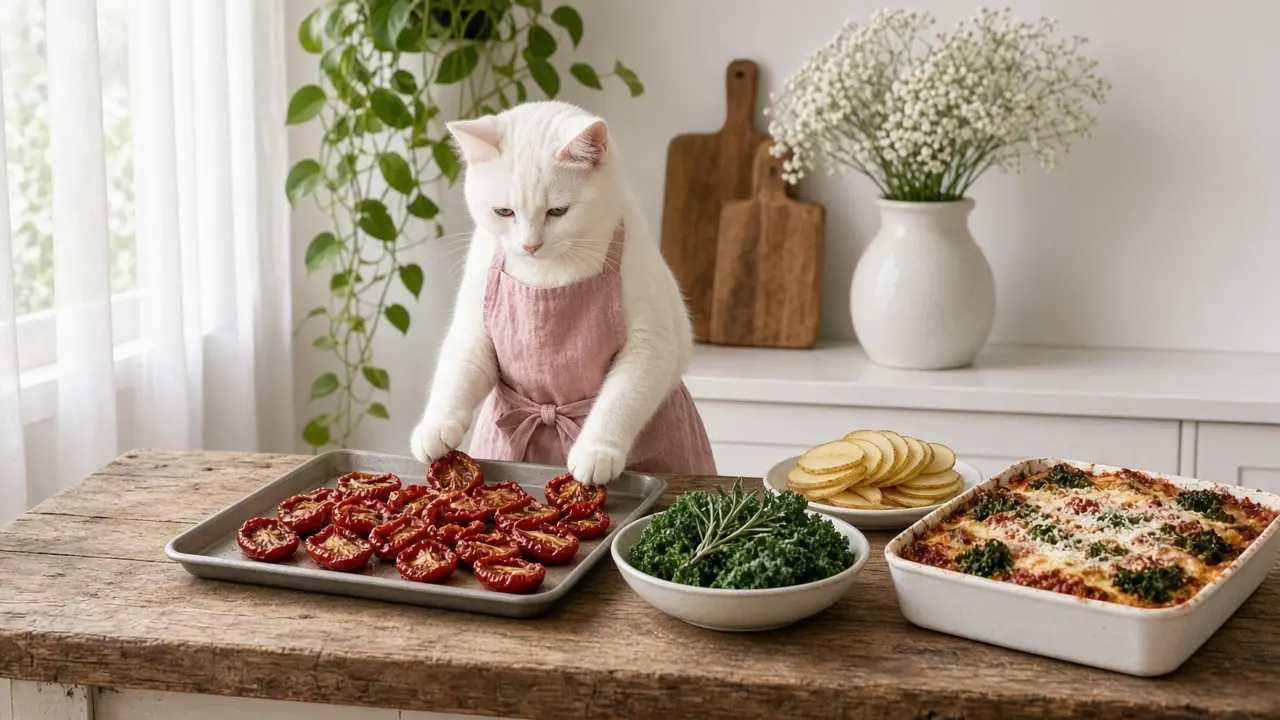 A cream-coloured cat in a pink apron, cooking this dish