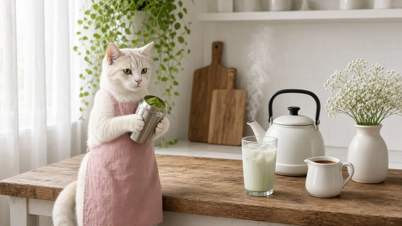 A cream-coloured cat in a pink apron, cooking this dish