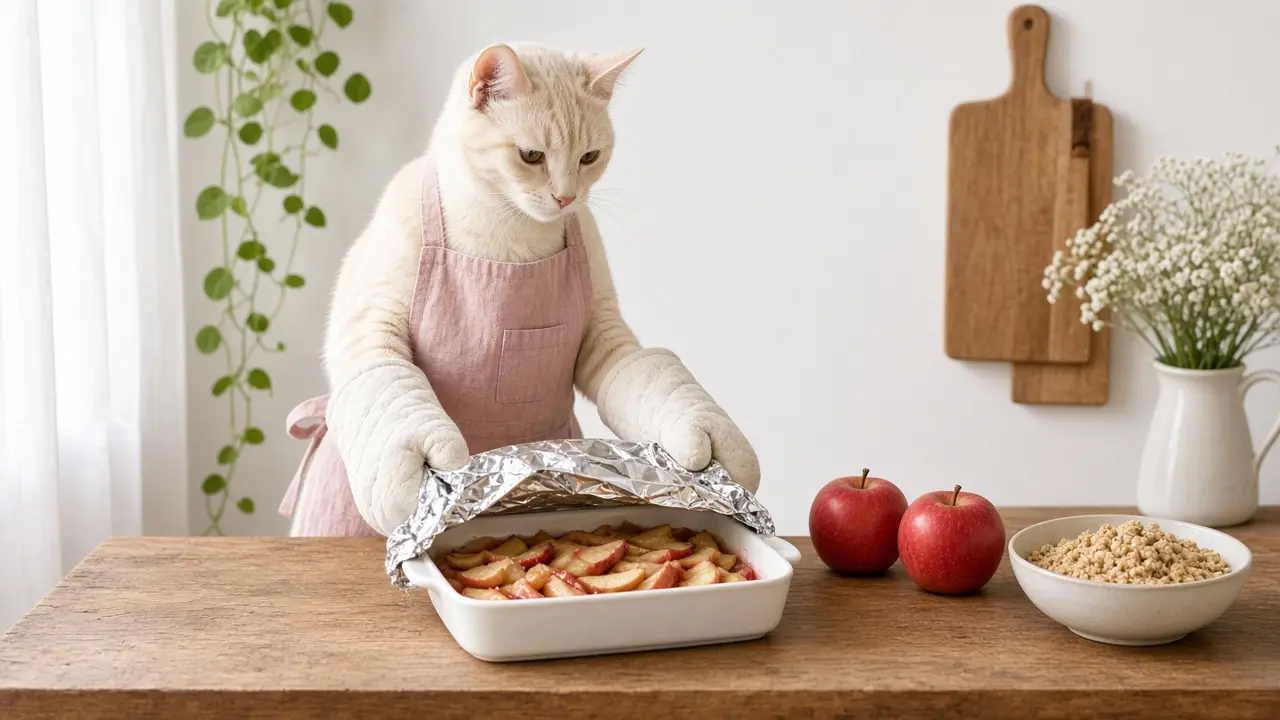 A cream-coloured cat in a pink apron, cooking this dish