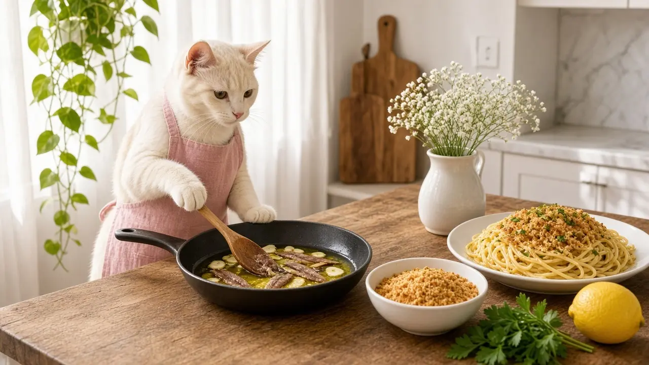 A cream-coloured cat in a pink apron, cooking this dish
