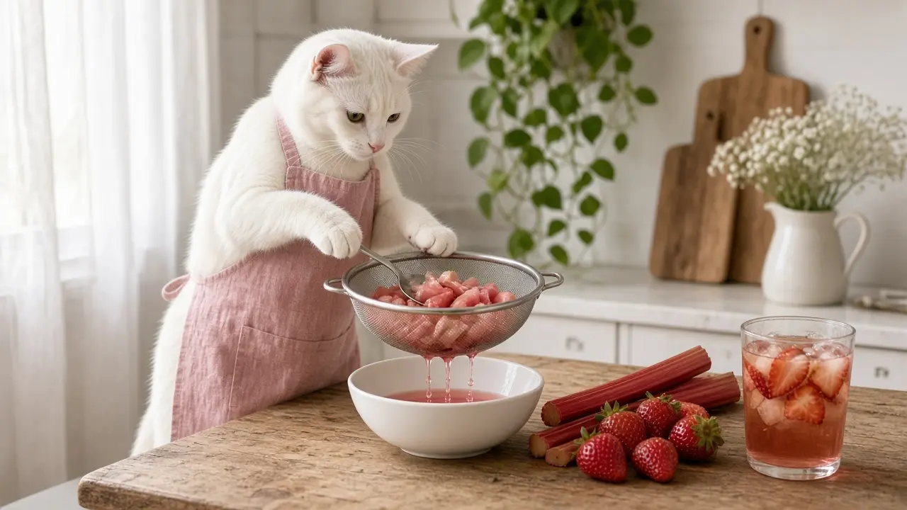 A cream-coloured cat in a pink apron, cooking this dish