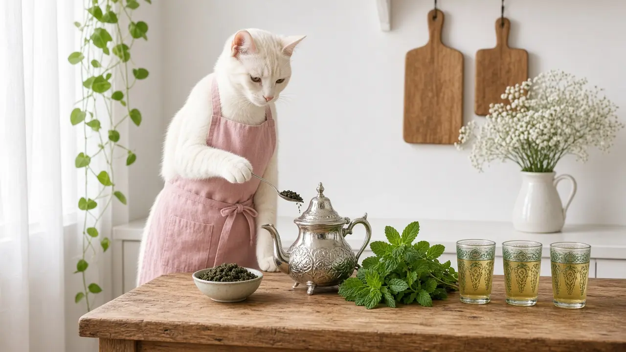 A cream-coloured cat in a pink apron, cooking this dish