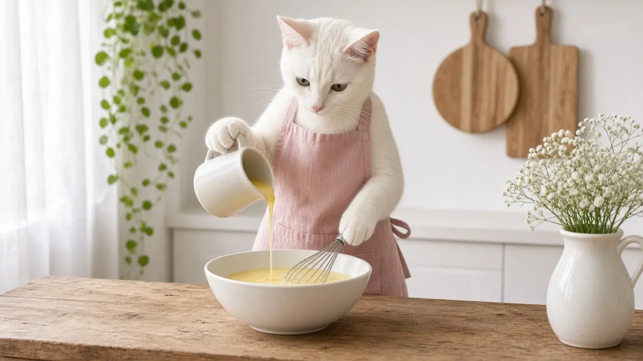A cream-coloured cat in a pink apron, cooking this dish