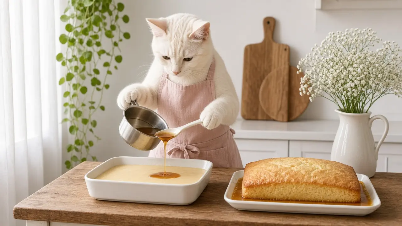 A cream-coloured cat in a pink apron, cooking this dish
