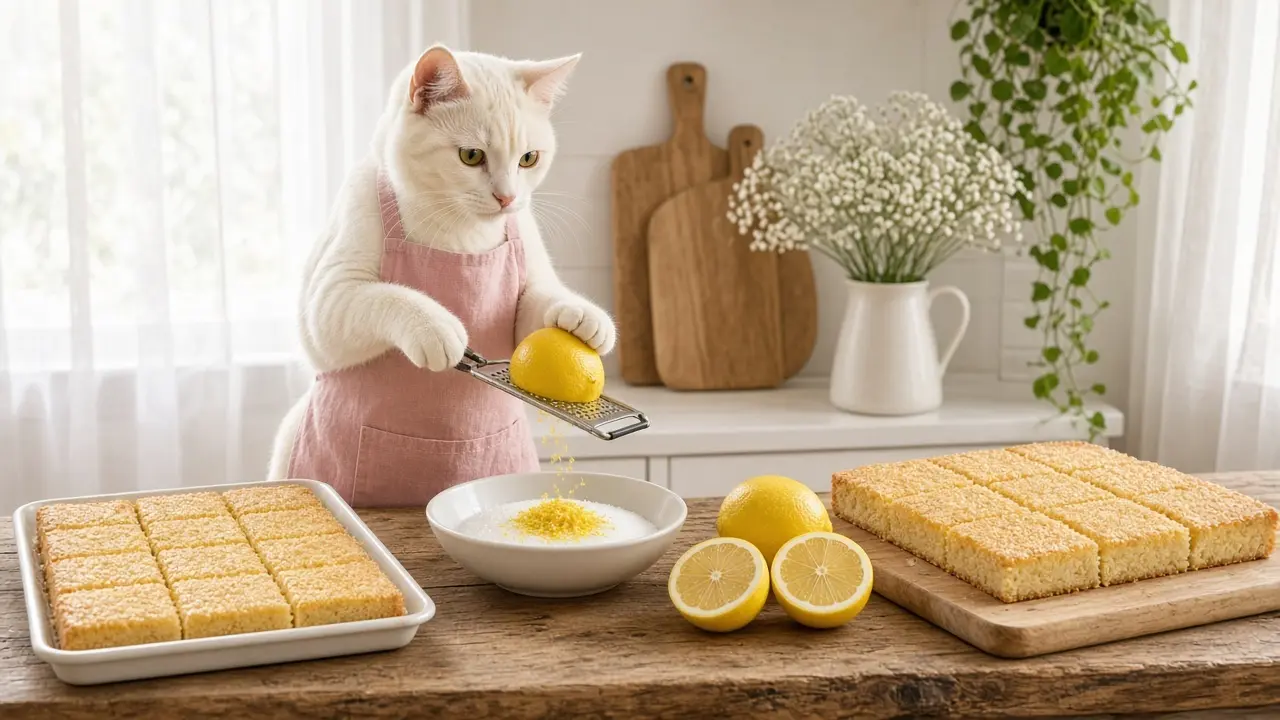 A cream-coloured cat in a pink apron, cooking this dish