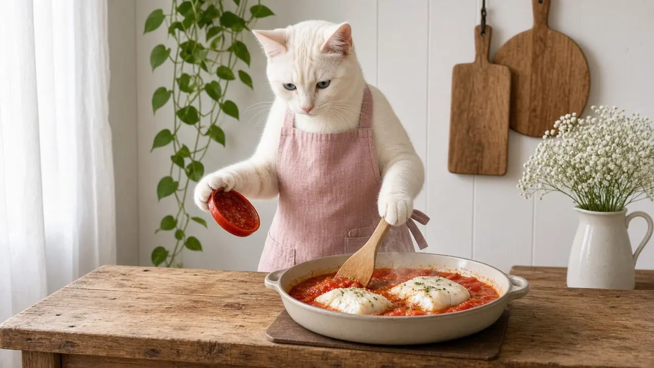 A cream-coloured cat in a pink apron, cooking this dish