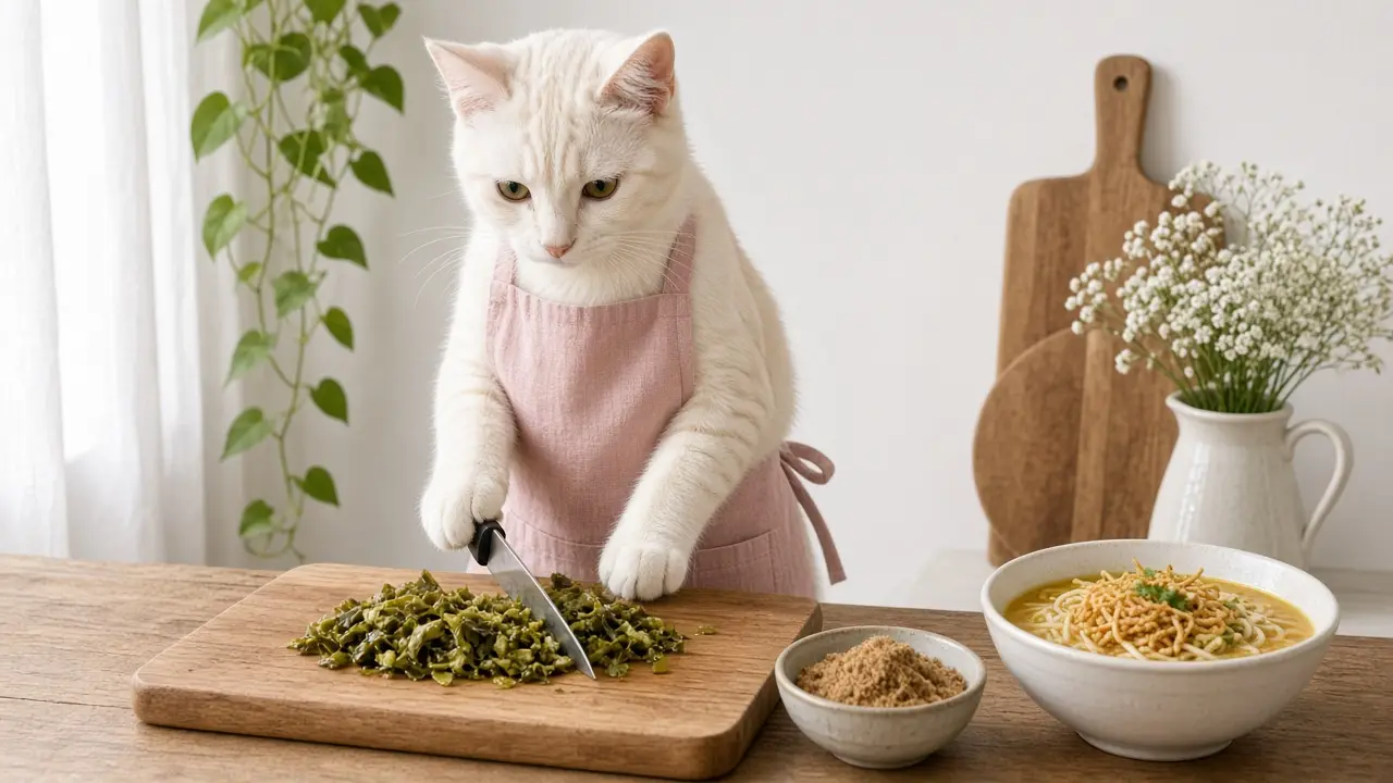A cream-coloured cat in a pink apron, cooking this dish