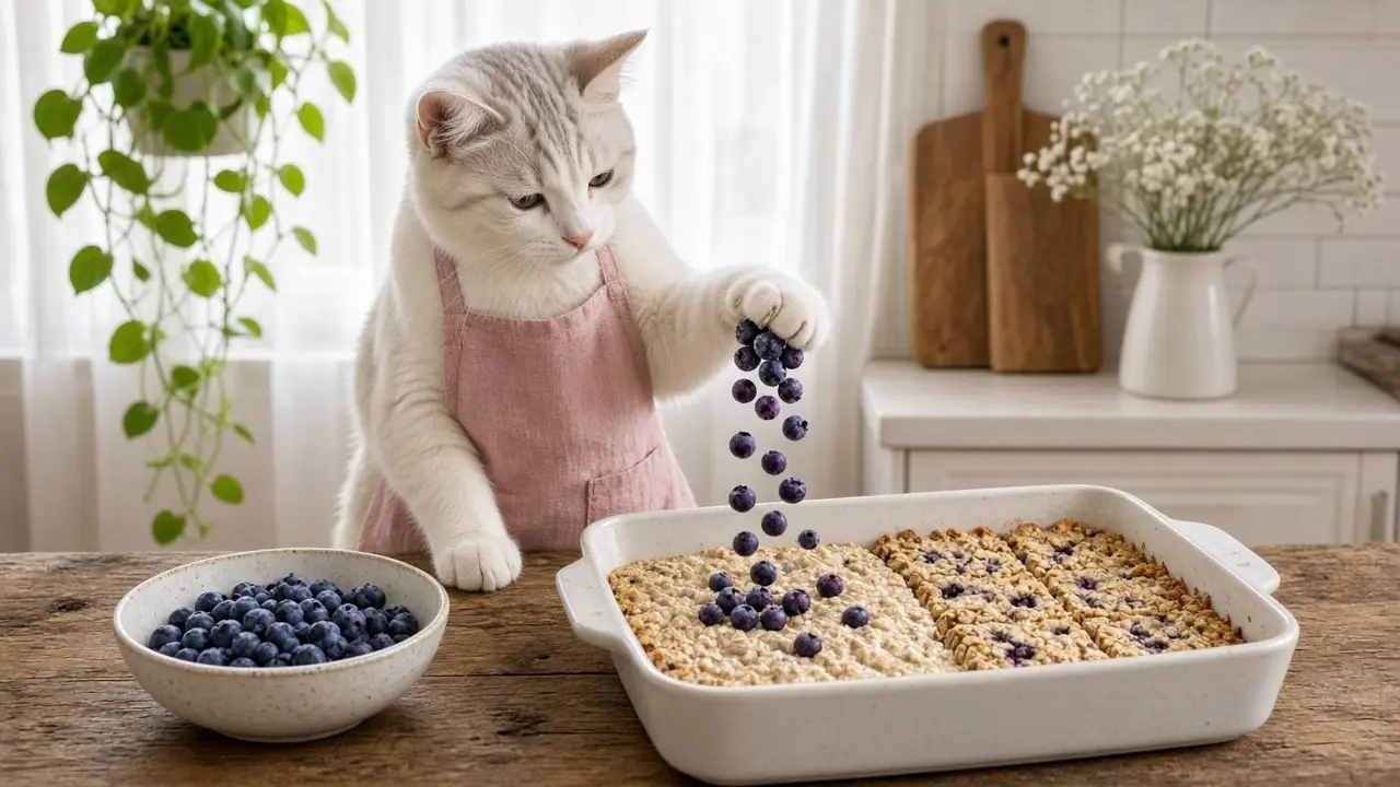 A cream-coloured cat in a pink apron, cooking this dish