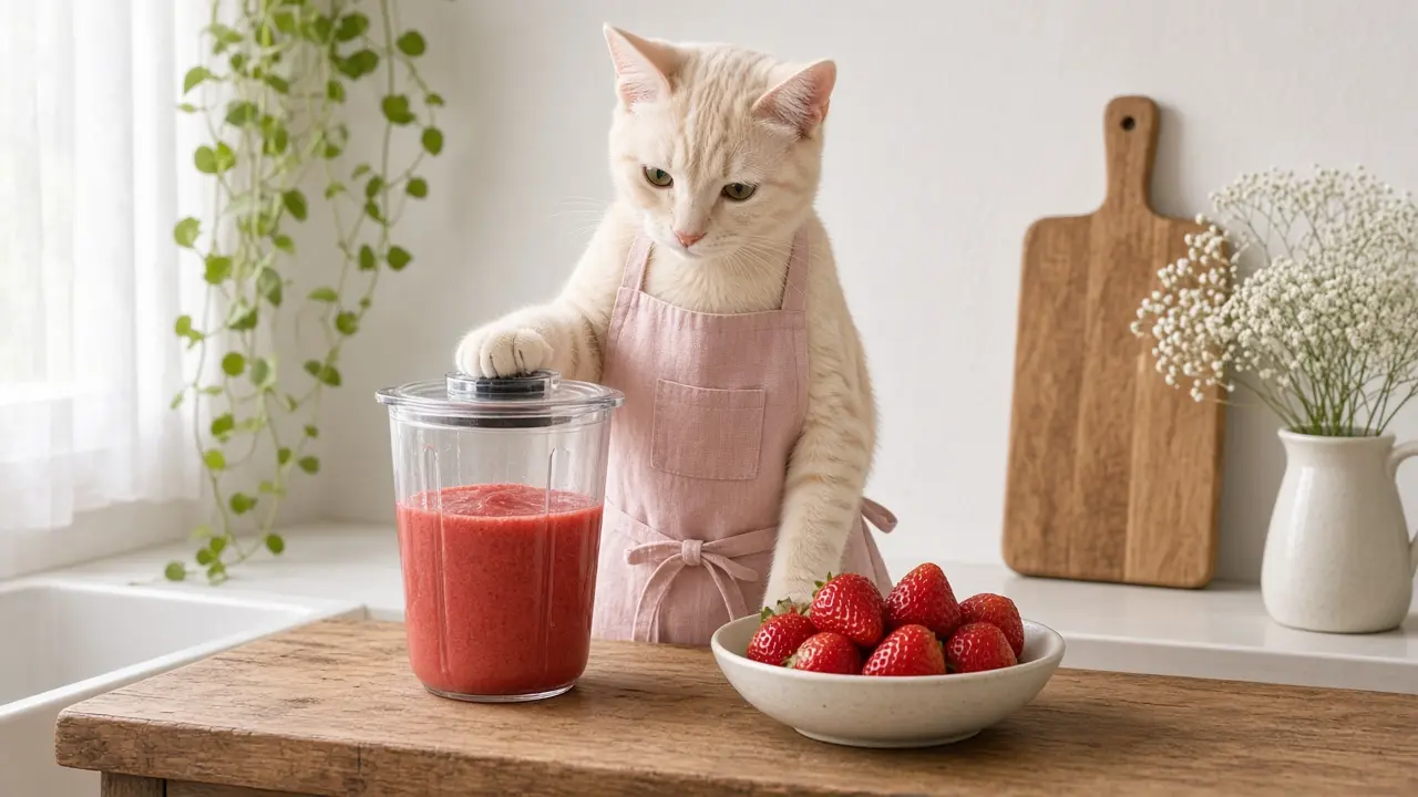 A cream-coloured cat in a pink apron, cooking this dish