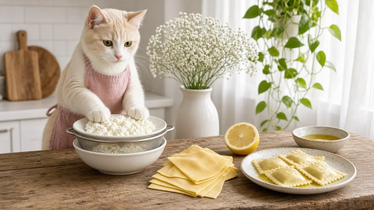 A cream-coloured cat in a pink apron, cooking this dish