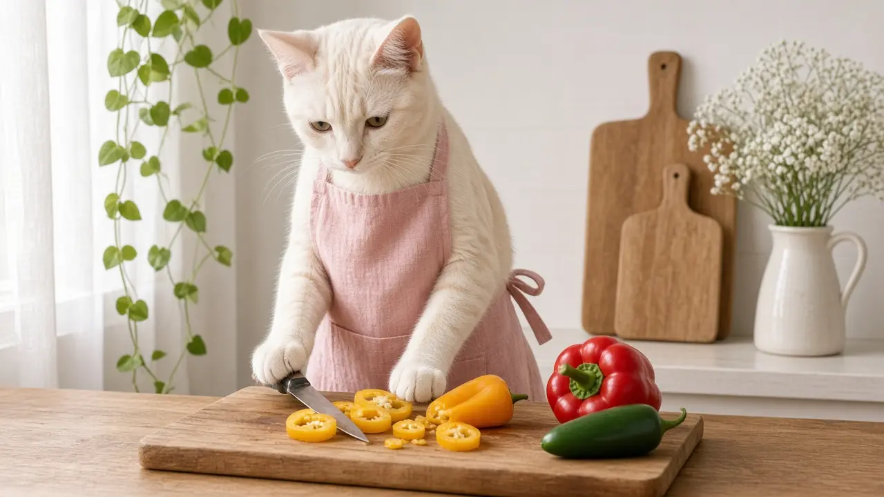 A cream-coloured cat in a pink apron, cooking this dish