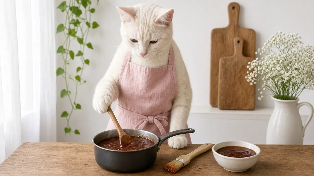 A cream-coloured cat in a pink apron, cooking this dish
