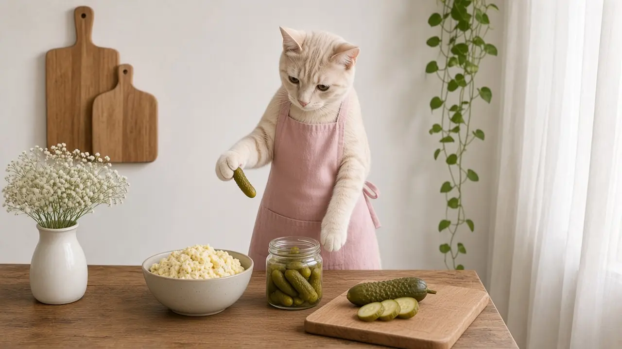 A cream-coloured cat in a pink apron, cooking this dish