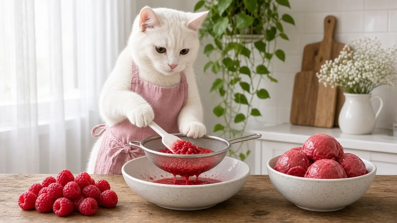 A cream-coloured cat in a pink apron, cooking this dish