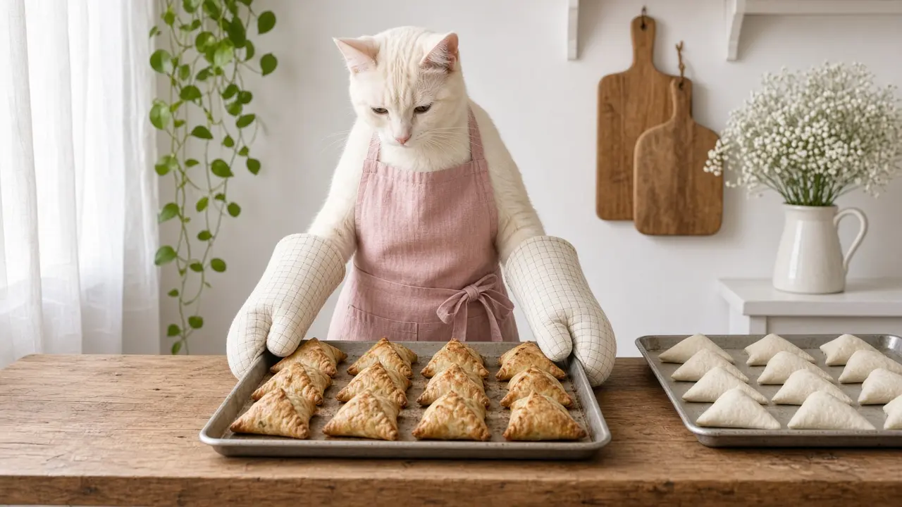 A cream-coloured cat in a pink apron, cooking this dish