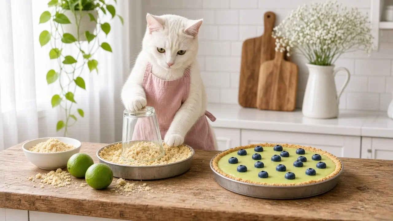 A cream-coloured cat in a pink apron, cooking this dish