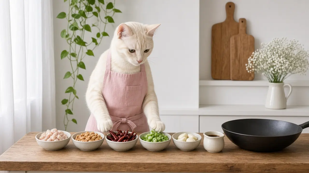 A cream-coloured cat in a pink apron, cooking this dish