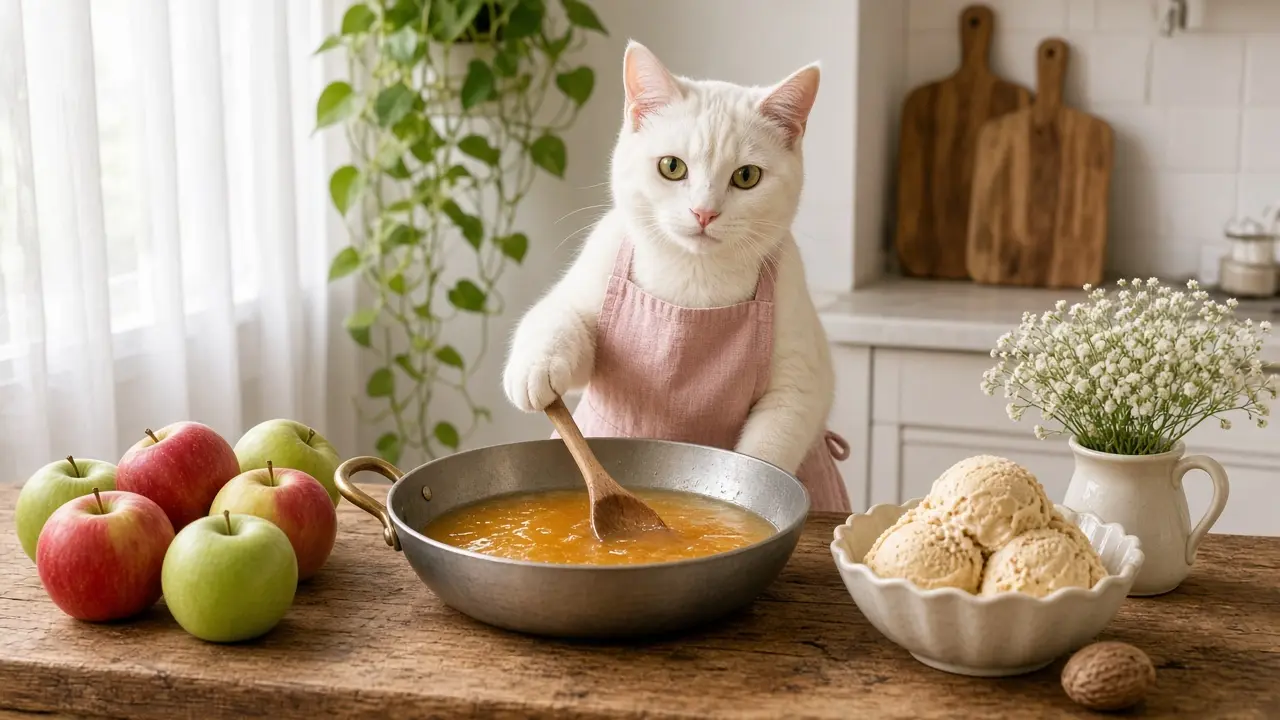 A cream-coloured cat in a pink apron, cooking this dish