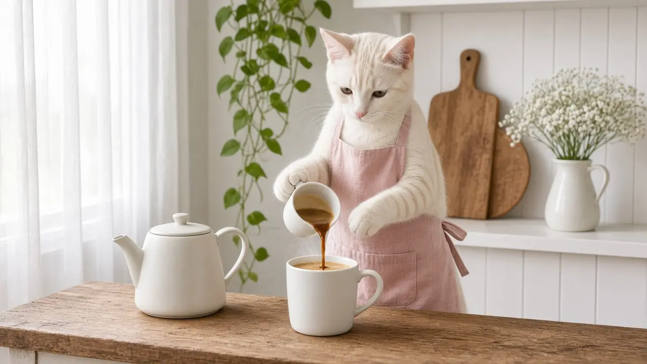 A cream-coloured cat in a pink apron, cooking this dish